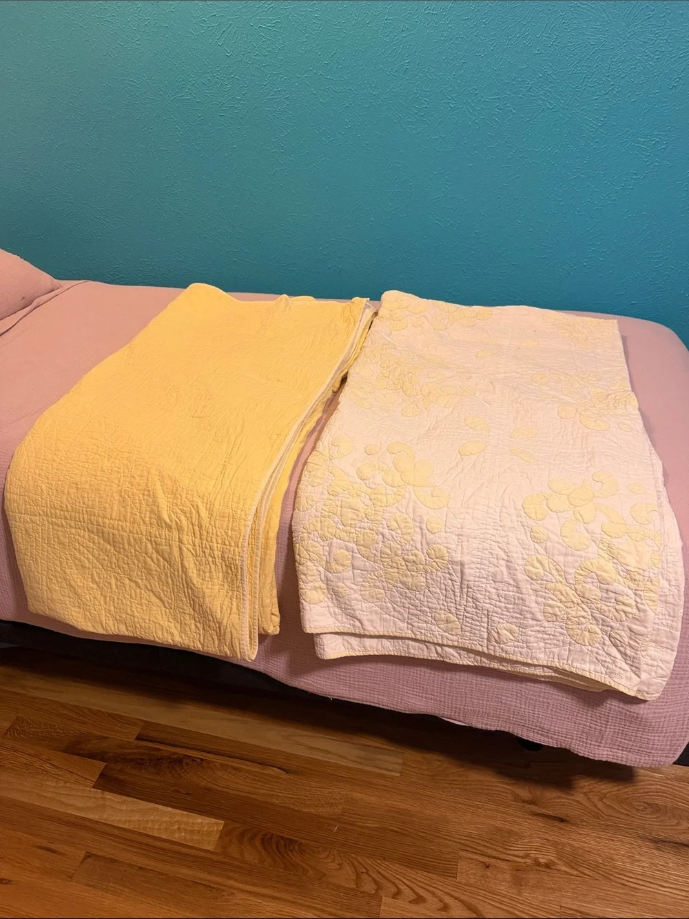 Lot of 2 vintage butter yellow cotton quilts 78 x 80
